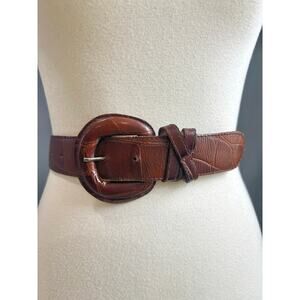 VTG Brown Omega Croc Embossed Italian Leather Wide Waist Belt Leather Buckle, L